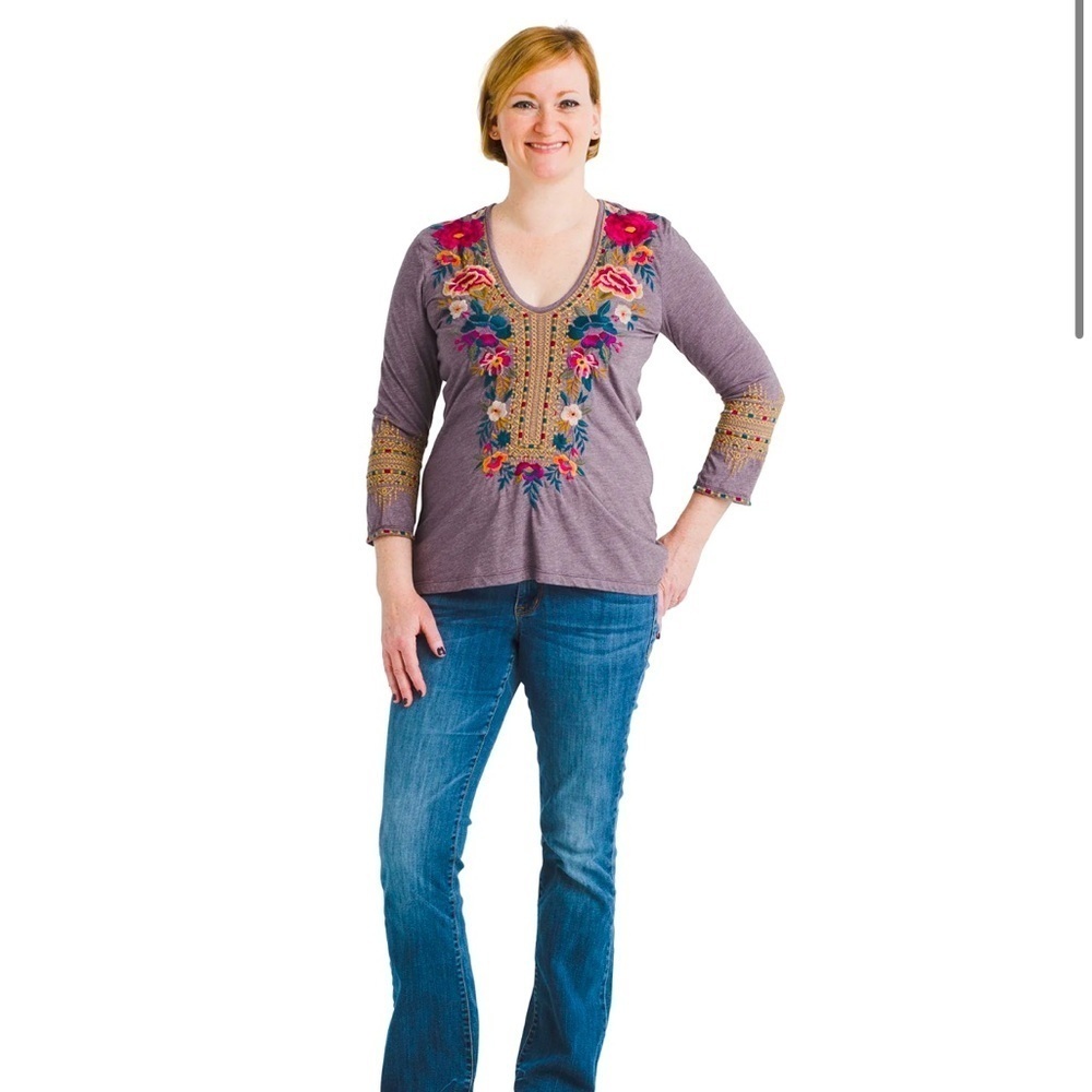 Johnny Was Los Angeles Katina Floral Boho Embroidered T Shirt Blouse Top NWT